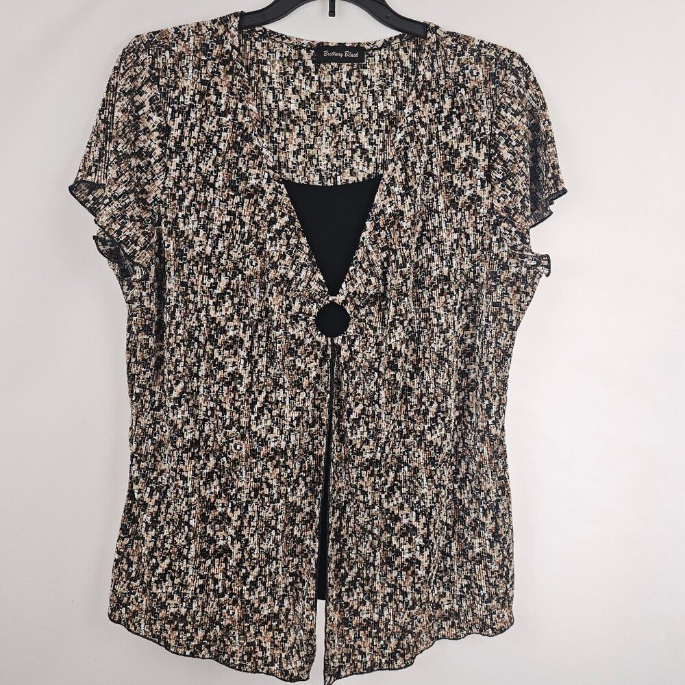 Women Geometric Abstract Flowy Business Casual Sheer Layer Blouse Brown Black L